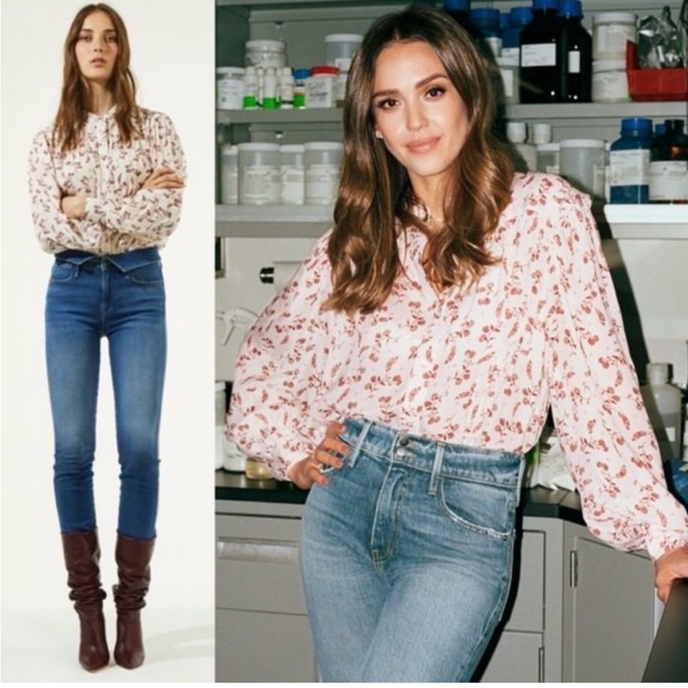 Frame Denim Voluminous Blouson Sleeve Silk Blend Top